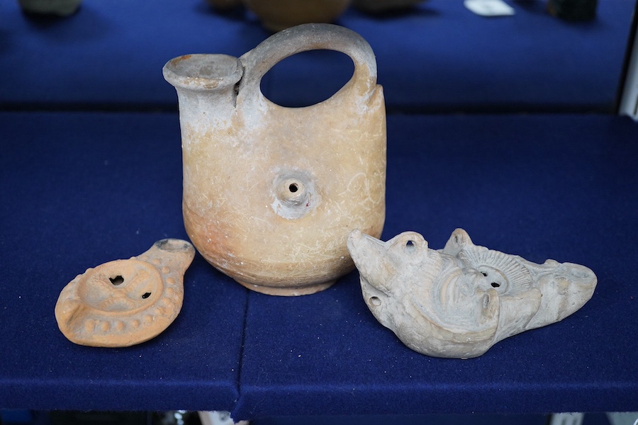 Three ancient pottery vessels, including an askos, largest 14cm high. Condition - good for age and use